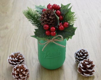 Festive mason jar with berry, holly and pinecone, Christmas mason jar decor, Holiday table centrepiece, Farmhouse shelf decor, Rustic gifts