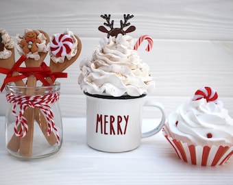 Mini Christmas fake cream mug topper, faux Christmas cupcake, Christmas kitchen tier tray, Hot chocolate station, Rudolph reindeer mug