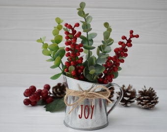 MINI Christmas jug and festive berries and greenery, Christmas tiered tray decor, Christmas farmhouse decor , Mini farmhouse metal jug