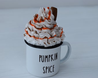 MINI pumpkin spice mug and topper, fake whipped cream topper, Autumn tiered tray decor, Coffee station, Personalised enamel mug, Rae Dunn