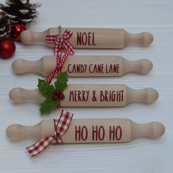 Christmas mini rolling pins, Christmas tiered tray decor, Farmhouse Christmas kitchen decor, Rae Dunn Christmas decor gifts