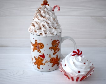 Gingerbread man faux whipped cream mug topper, fake Christmas cupcake, Rae Dunn Christmas tier tray, fake Hot chocolate drink, xmas kitchen