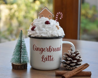 Christmas mug and topper, Gingerbread latte, Faux whipped cream topper, Hot chocolate station decor, Farmhouse Christmas tiered tray decor