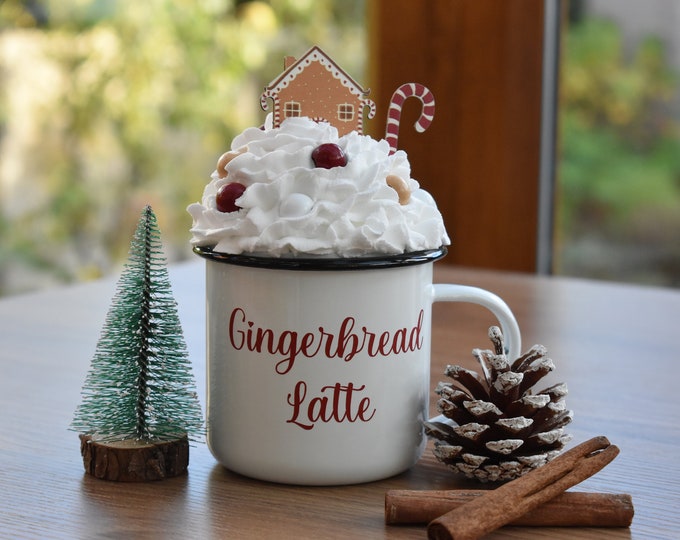 Christmas mug and topper, Gingerbread latte, Faux whipped cream topper, Hot chocolate station decor, Farmhouse Christmas tiered tray decor