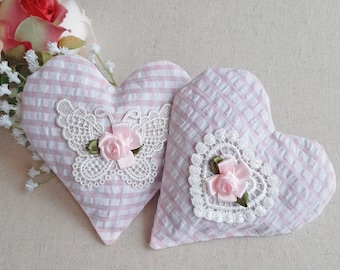 Pink Shabby Lavender Heart Sachet~Bowl Filler~Handmade Fabric with Lace and Flower Appliques ~( 1 sachet)