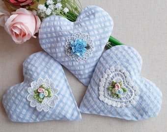 Blue Shabby Lavender Heart Sachet~Bowl Filler~Handmade Fabric with Lace and Flower Appliques ~( 1 sachet)