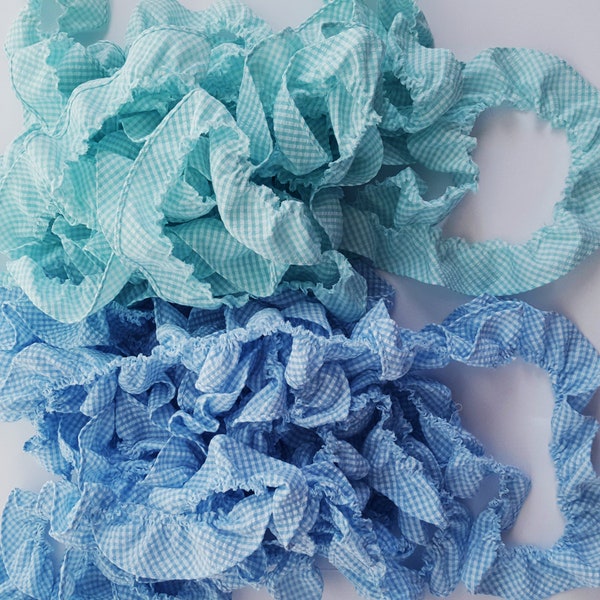 1.5" Ruffled Gingham Trim, Cotton Pucker Fabric Blue or Green, Available in 1, 3, 5, 10 and 50 Yard, Sewing, Crafts, Clothing, Baby Bedding