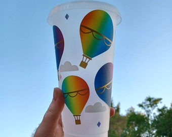 Reusable Rainbow Hot Air Balloon Tumbler- Frosted tumbler 24oz- Colourful and Fun Birthday gift