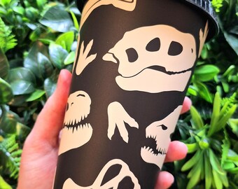 Reusable Dinosaur Tumbler- Black tumbler 24oz- Dino lover gift - Fossils/dinosaur skulls - Birthday/Christmas gift