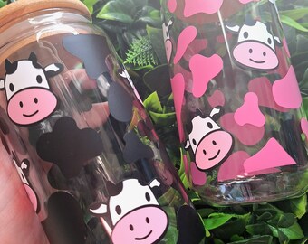 Cow Print Can Glass – Pink or Black Cowgirl Design, 16oz glass cup