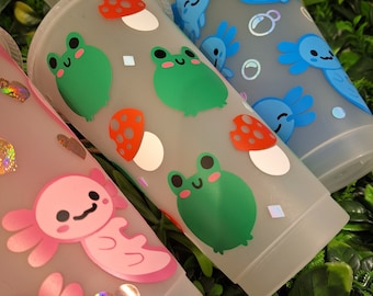2NDS! Reusable Frog or Axolotl Tumbler- Frosted tumbler 24oz- cottagecore Decore - WITH DEFECTS