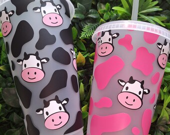 Black/Pink Cow Print Frosted Tumbler - 24oz Cup, Cottagecore Decor