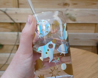 Holographic Space Libbey Glass Can Cup – Rocket & Planet Design