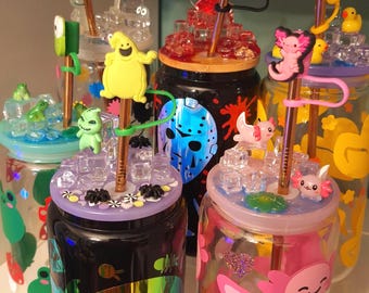 Can Glass Gift Set - Drinking glass bundle with straw toppers, 3D lid -Matching set -Cute Gift Set Ducks/Soots/Frogs/Axolotls/Horror