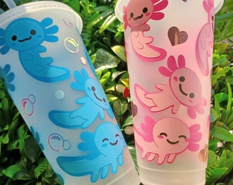 Reusable Pink or Blue Axolotl Tumbler- Frosted tumbler 24oz- cottagecore Decore - Alternative birthday gift