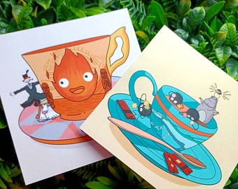 Tea Cup Fan Art Prints - Calcifer & Soot Sprites (15cm Square)