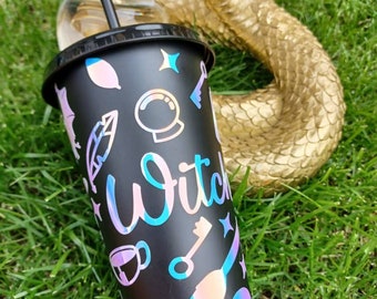 Reusable Witch Tumbler- Black or white Frosted tumbler 24oz- Dark Decore - Alternative birthday gift