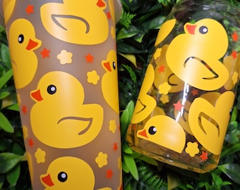 Reusable Cute Yellow Rubber Duck Tumbler- Frosted tumbler 24oz or 16oz libbey can glass- Kawaii Decore - Alternative birthday gift