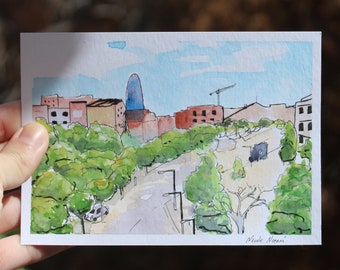 El Clot, Barcelona, Original A6 Watercolor Postcard