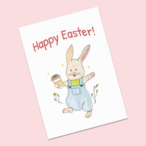 Afdrukbare paaskaart | Postal de Feliz Pascua en acuarela | 5 x 7 schattige konijntjes aquarel digitale print