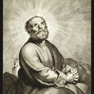 May include: A black and white engraving of Saint Peter, with a rooster behind him, looking up at a bright light. The text "SANCTE PETRE, COR CONTRITUM, ORA PRO NOBIS" is at the bottom of the image.