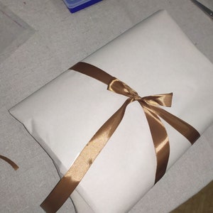 May include: A white gift bag with a brown satin ribbon tied in a bow.
