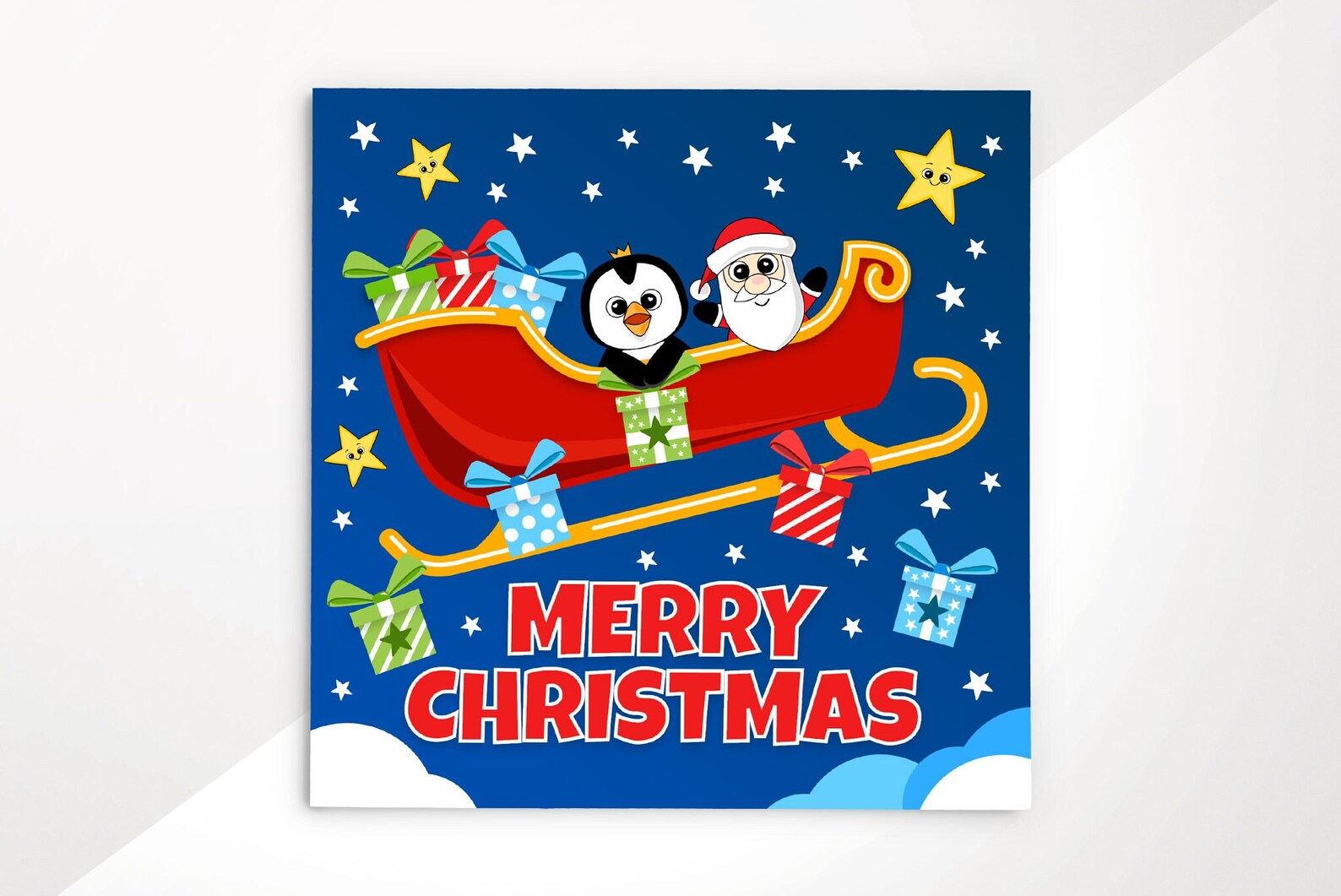 Merry Christmas Greeting Card Santa &amp; Penguin on a Sleigh | Etsy