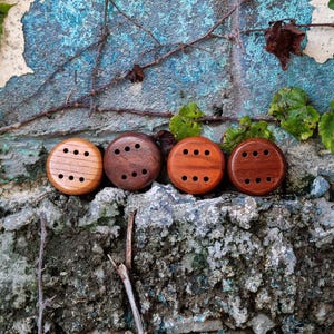 May include: Four wooden buttons in shades of brown, each with six small holes arranged in two rows of three. The buttons are displayed on a textured, weathered stone surface, with a blue and green background.