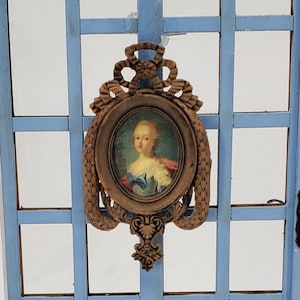 Miniature Portrait Painting  of a French Royal in antiqued wooden Ribbon and Laurel Swag Frame