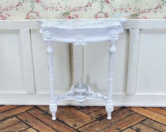 Miniature French Side Table Demilune dollhouse in a white finish with a faux marble top