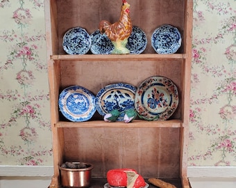 French Miniature Wood Finished Hutch with accessories.