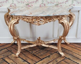 Miniature French Faux Marble Gilded Rococo Console Side Table Dollhouse
