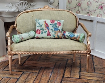 French Miniature  Gilded Settee Upholstered in Silk Louis XVI Style