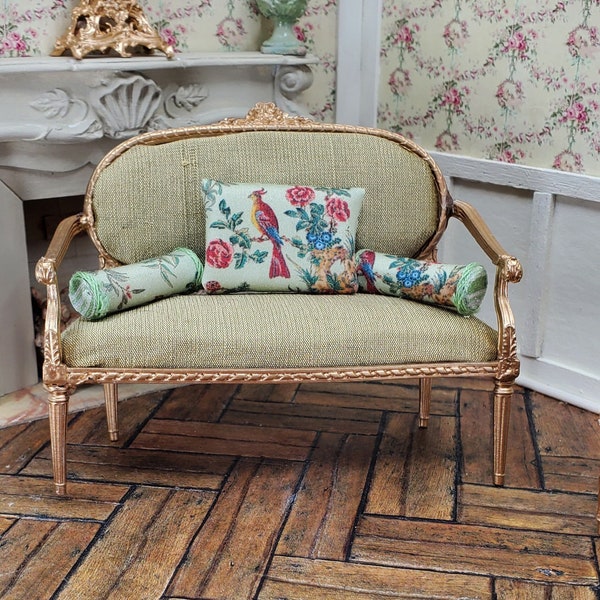 French Miniature  Gilded Settee Upholstered in Silk Louis XVI Style