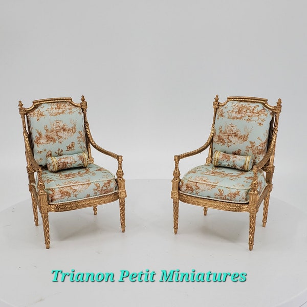 French Gilded Bergere Louis XVI Arm Chair Duck Egg Blue Toile Marie Antoinette Brocante  Miniature Dollhouse