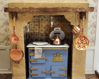 French Miniature Aga Stove Oven with Kitchen Surround and Copper Cookware