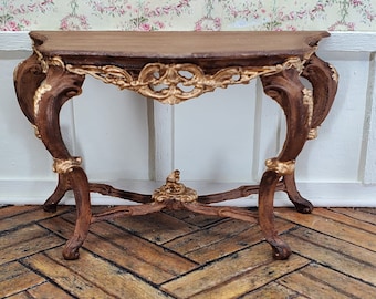 Miniature French Wood finish with Gilded accents Rococo Console Side Table Dollhouse