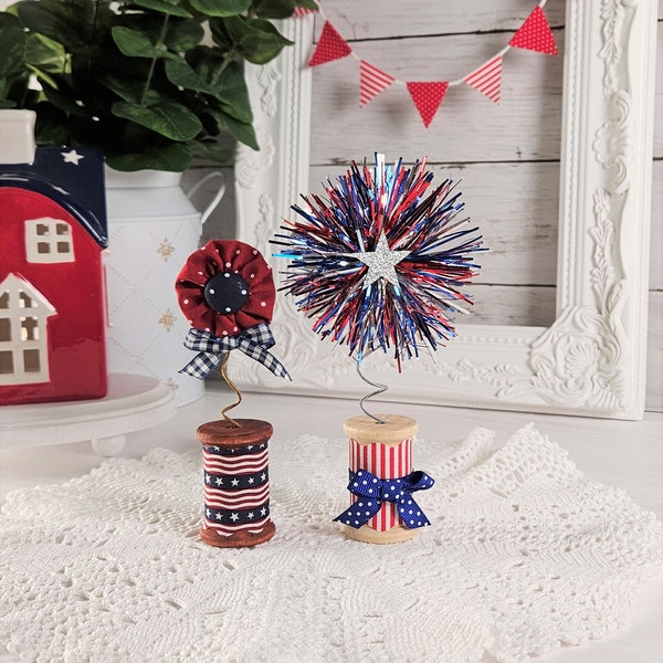 Patriotic Wooden Spool - Red White Blue Wooden Spool - Firework Spool -  Tiered Tray - Independence Day - Summer Decor - July 4th Decor