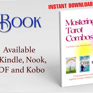 Op de afbeelding: Ebook-omslag met een roze, gele en blauwe gradiënt achtergrond. De titel is "Mastering Tarot Combos" met de tekst "YouTube.com/TarotOracle" eronder. De omslag toont drie tarotkaarten met een vraagteken.