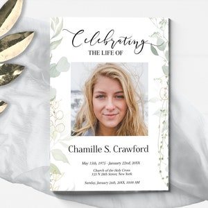 Editable  Funeral Program Template | Greenery & Gold Obituary Template to Honor Your Loved One | Celebration of Life | B102