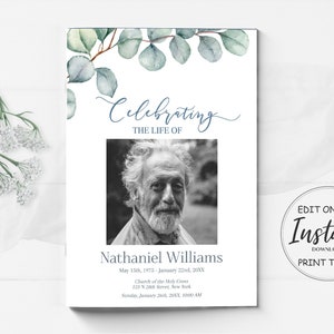 Editable  Funeral Program Template |  Obituary Template | Greenery Celebration of Life Program | Eucalyptus  B160