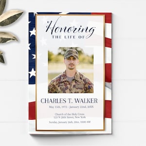 Editable American Flag Funeral Program Template | Military Funeral Program | Obituary Template | Veteran Memorial Service Program | B180