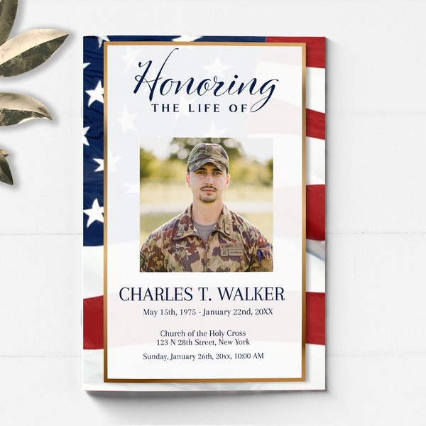 American Flag Funeral Program Template | Military Funeral Program | Obituary Template | Veteran Memorial Service Program | B180