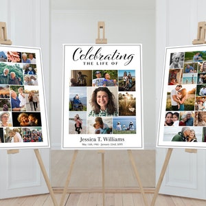 Simple funeral poster templates sit on easels for display during one's memorial services. Each side poster has a unique custom photo collage template.  The center photo has a photo collage with a larger center phot. Celebrating the life of