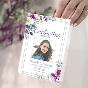Editable  Funeral Program Template | |Obituary Template | Lily & Purple Floral Funeral Program | Celebration of Life Program | B170