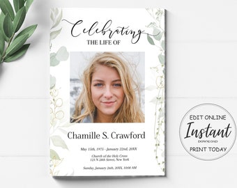 Greenery and Gold Funeral Program Template | Obituary Template to Honor Your Loved One | Celebration of Life Program |  b102