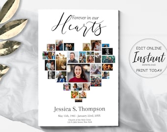 Heart Collage Funeral Program Template | Editable Funeral Obituary Template |  Celebration of Life | Memorial Program Pamphlet |  A117