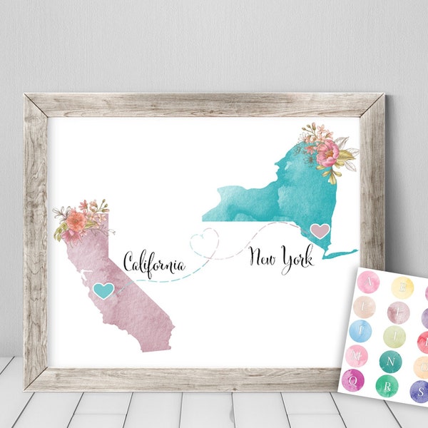 Moving Away Gift, Long Distance Relationship Gift , Custom Two State Print, Going to College Gift, Best Friend Gift