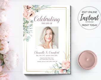 May include: A white memorial card with a gold border and floral accents. The card features a photo of a woman with blonde hair and a pink floral design. The text on the card reads "Celebrating the Life of Chamille S. Crawford May 15th, 1975 - January 22nd, 20XX Church of the Holy Cross 123 N 20th Street, New York Sunday, January 20th, 20XX, 10:00 AM"