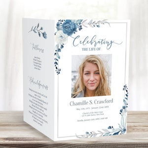 Editable Funeral Program Template | Blue Roses Obituary Template | Navy Blue Floral Celebration of Life Program | C110